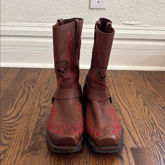 HARLEY DAVIDSON SLAYTON EMBROIDERED FLAMES SKULL LEATHER MOTO WORK BOOTS SIZE 13 main image 13